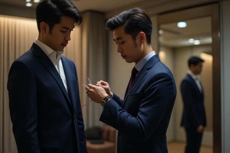 테일러가 고객의 수트 가봉을 조정하는 모습