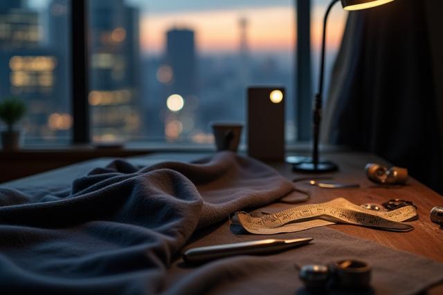 서울의 현대적인 스카이라인을 배경으로 한 테일러의 작업 공간. 고급 원단과 재단 도구가 보입니다.